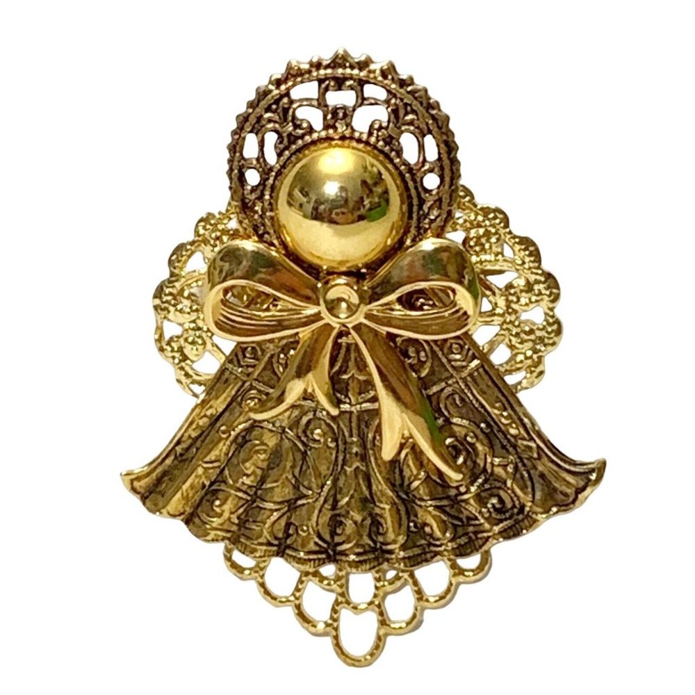 Vintage Brass Tone Filigree Angel Womens 2 Inch Brooch